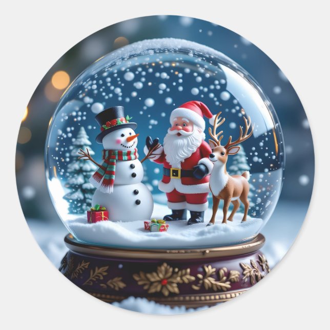 Adesivo Redondo Snow globe with Santa and Reindeer (Frente)
