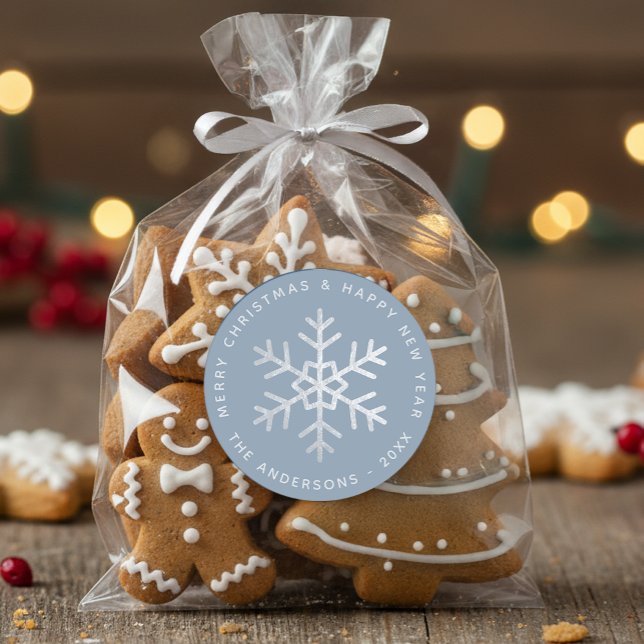 Adesivo Redondo Snowflake Christmas Dusty Blue Elegant Faux Silver (Criador carregado)