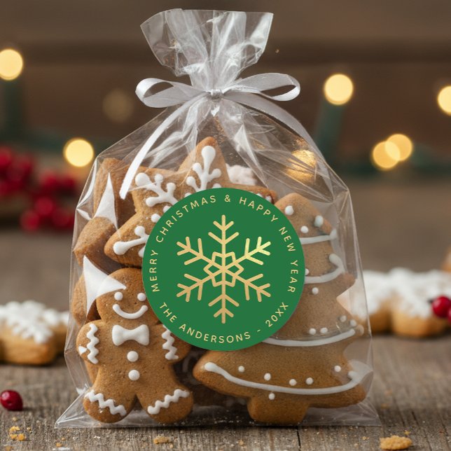 Adesivo Redondo Snowflake Green & Faux Gold Foil Elegant Christmas (Criador carregado)