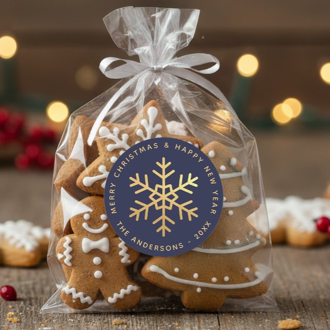 Adesivo Redondo Snowflake Navy Blue Faux Gold Elegant Christmas  (Criador carregado)