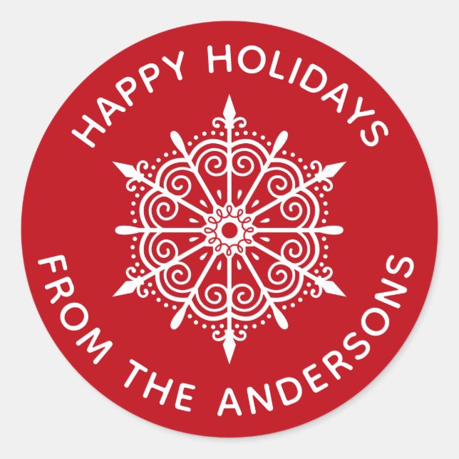 Adesivo Redondo Snowflake Red White Simples Vinheta de Natal (Frente)