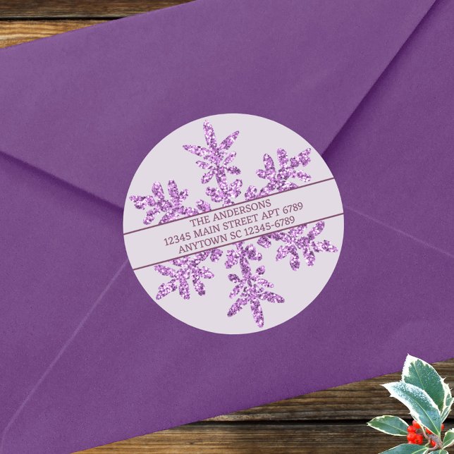 Adesivo Redondo Snowflake Roxo Glam Rústico Envelope Crítico Selo (Custom faux glitter snowflake round stickers in purple, easy to customize as envelope seals and more)