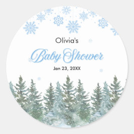 Adesivo Redondo Snowflakes Pine Trees Winter Baby Shower 