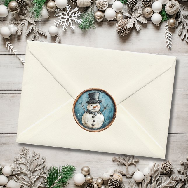 Adesivo Redondo Snowman Blue Christmas Faux Wax (Snowman Blue Christmas Faux Wax Classic Round Sticker)