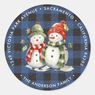 Adesivo Redondo Snowman Blue Xadrez Christmas Return Address Labs