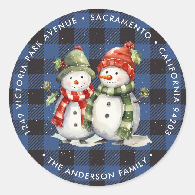 Adesivo Redondo Snowman Blue Xadrez Christmas Return Address Labs (Frente)