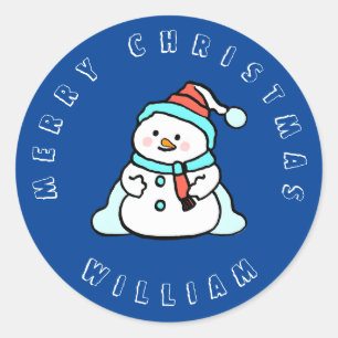 Adesivo Redondo Snowman Com Nome Personalizado Marinho de Natal