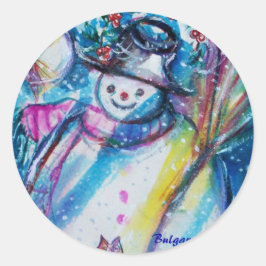ADESIVO REDONDO SNOWMAN COM OWL NA NOITE DO INVERNO