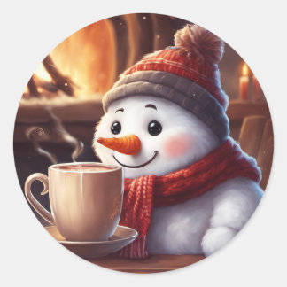 Adesivo Redondo Snowman com Vapor de Café Quente