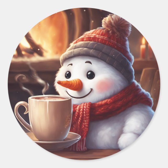 Adesivo Redondo Snowman com Vapor de Café Quente (Frente)