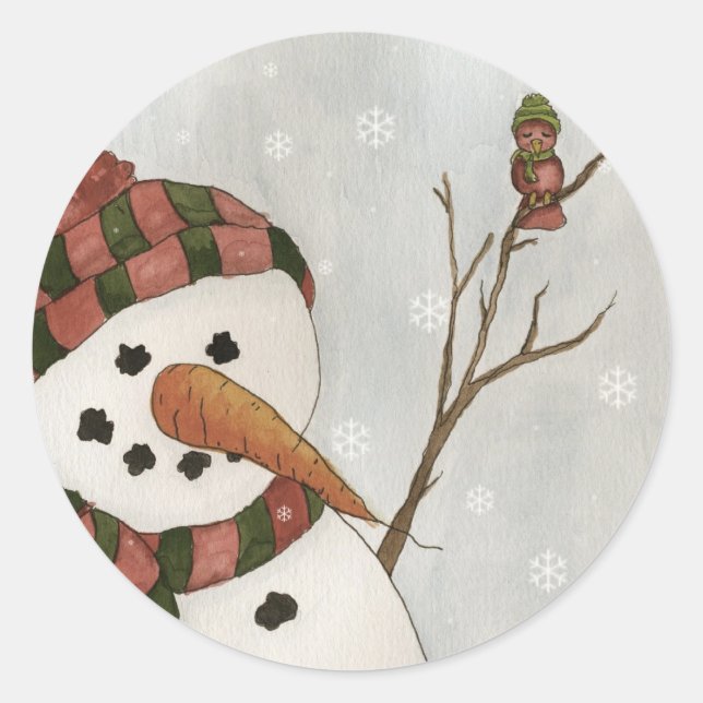 Adesivo Redondo Snowman e Bird Sticker (Frente)