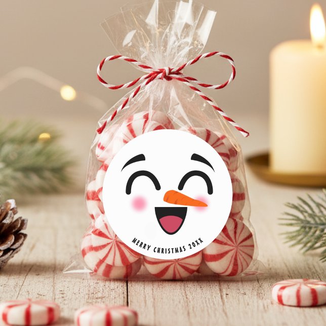 Adesivo Redondo Snowman Feliz Feliz Natal Rosto Sorridente Inverno (Snowman Merry Christmas Cute Smiling Face Winter Classic Round Sticker
)