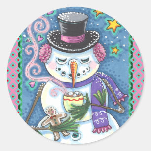 ADESIVO REDONDO SNOWMAN, GINGERBREAD MAN E MUG DE CHOCOLATE QUENTE