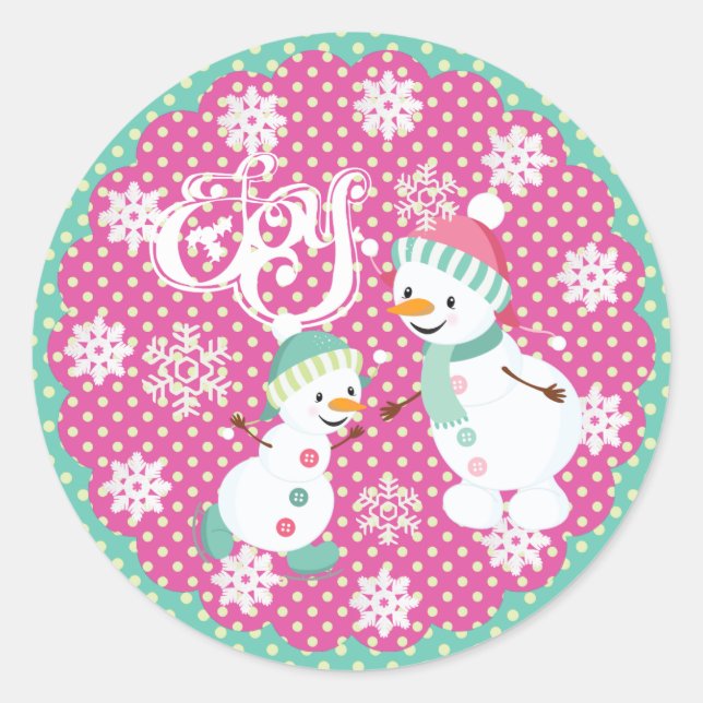 Adesivo Redondo Snowman Joy Christmas Snowflakes Round Sticker (Frente)