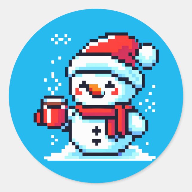 Adesivo Redondo Snowman pixelizado com café - Arte de Natal (Frente)