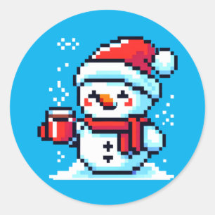 Adesivo Redondo Snowman pixelizado com café - Arte de Natal