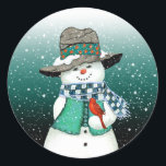 Adesivo Redondo Snowman sorridente, Cardeal num palheiro de neve<br><div class="desc">O boneco de neve resmungou no cardeal enquanto a neve caiu suavemente.</div>
