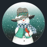 Adesivo Redondo Snowman sorridente, Cardeal num palheiro de neve<br><div class="desc">O boneco de neve resmungou no cardeal enquanto a neve caiu suavemente.</div>