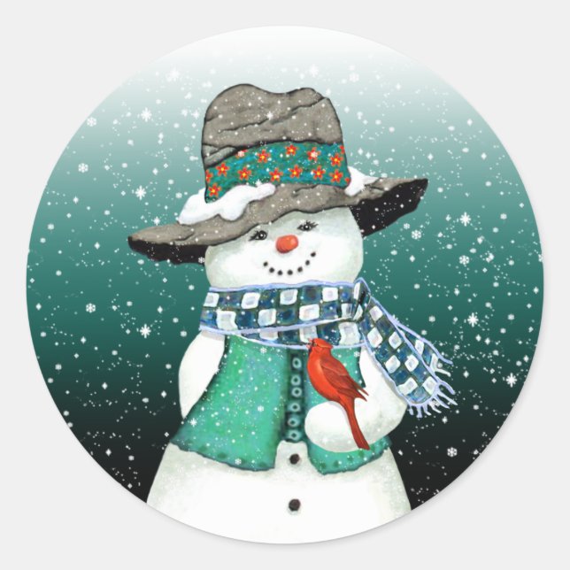 Adesivo Redondo Snowman sorridente, Cardeal num palheiro de neve (Frente)