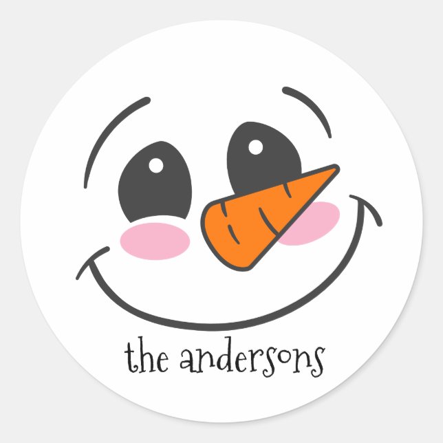 Adesivo Redondo Snowman Sorrindo Face Nome Personalizado da Famíli (Frente)