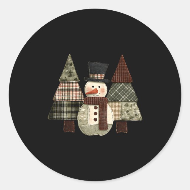 Adesivo Redondo Snowman Trees Patchwork Plaid Trees Rustic Christm (Frente)