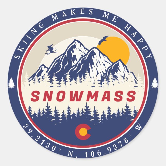 Adesivo Redondo Snowmass Colorado Flag Mountain Souvenir (Frente)