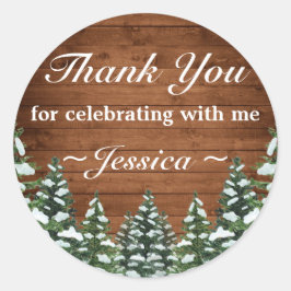 Adesivo Redondo Snowwood Forest Country Pine Aniversário Obrigado