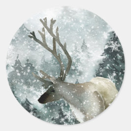 Adesivo Redondo SnowWoodland Floresta de Montanha Stag Deer Antler