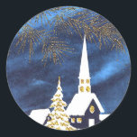 Adesivo Redondo Snowy Christmas Church Amen Stickers<br><div class="desc">Vintage cena de uma igreja com tripa coberta de neve em uma noite iluminada com galhos cintilantes no primeiro plano nesses adesivos de Natal.</div>