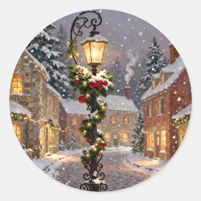 Adesivo Redondo Snowy Village Scene with Lamppost Sticker (Frente)