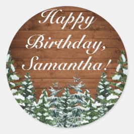 Adesivo Redondo Snowy Wood & Forest Country Pine Feliz Aniversário