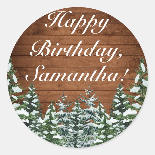 Adesivo Redondo Snowy Wood & Forest Country Pine Feliz Aniversário (Frente)