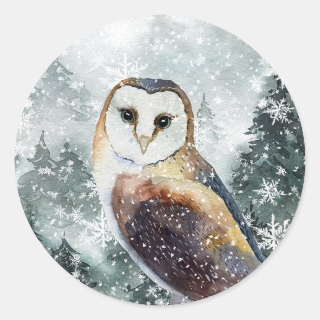 Adesivo Redondo Snowy Woodland Mountain Forest Owl (Frente)