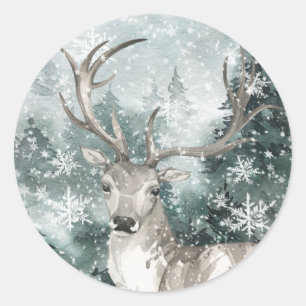 Adesivo Redondo Snowy Woodland Mountain Forest Stag Inverno