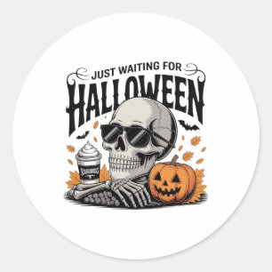 Adesivo Redondo Só Esperando O Café Do Halloween Skeleton Ou