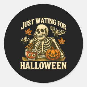 Adesivo Redondo Só Esperando Pelo Esqueleto De Halloween, Design