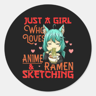 Adesivo Redondo Só uma garota que ama anime e Ramen esboçando Ja