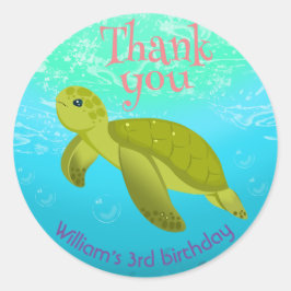 Adesivo Redondo Sob A Tartaruga Marítima Com Festa de aniversário 