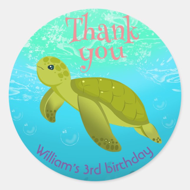 Adesivo Redondo Sob A Tartaruga Marítima Com Festa de aniversário  (Frente)