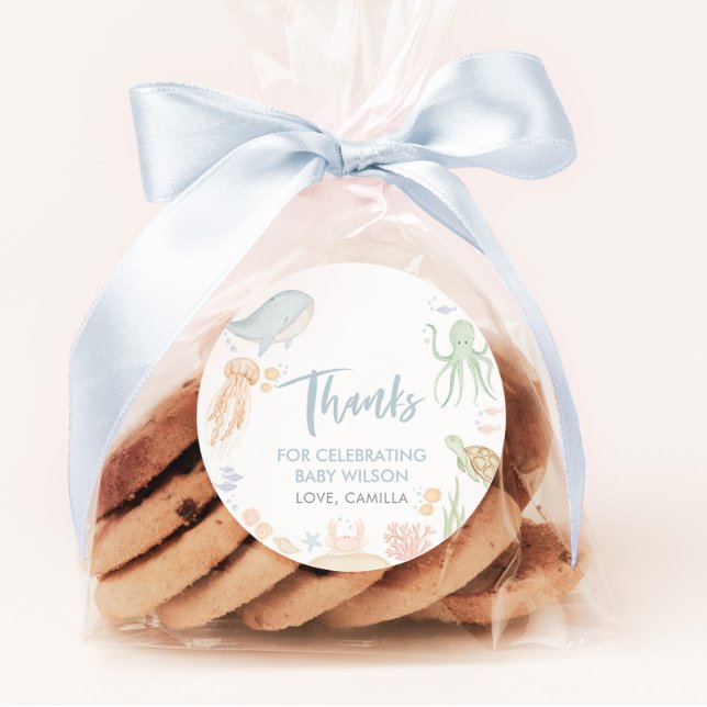 Adesivo Redondo Sob O Chá de fraldas Do Mar, Obrigado A Favor (Under The Sea Baby Shower Favor Stickers)