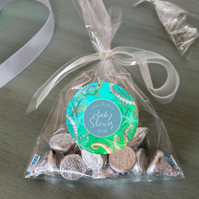 Adesivo Redondo Sob o Chá de fraldas Marítimo Náutico (Under The Sea Nautical Baby Shower Classic Round Sticker)