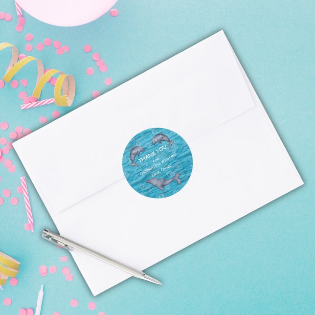 Adesivo Redondo Sob O Mar Com Golfinhos, Festa De Aniversário Clás (Criador carregado)