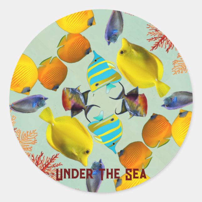 Adesivo Redondo Sob o Mar Corais Peixes Azuis Água Marinha (Frente)