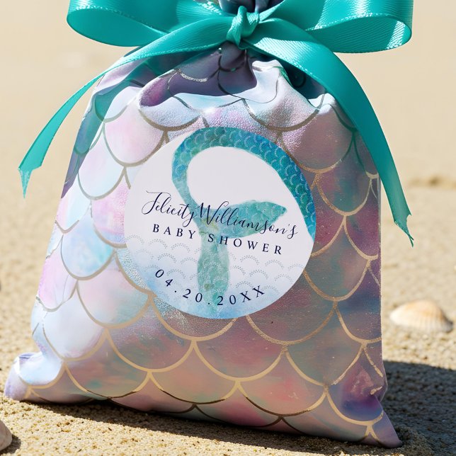 Adesivo Redondo Sob o Mar Oceano Aquarela Chá de fraldas De Sereia (Under The Sea Ocean Watercolor Mermaid Baby Shower Classic Round Sticker)