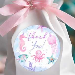 Adesivo Redondo Sob O Mar! Segundo aniversário Rosa Ocean Girl