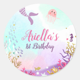 Adesivo Redondo Sob o Mar Vinheta de Sereia, Coluna rosa