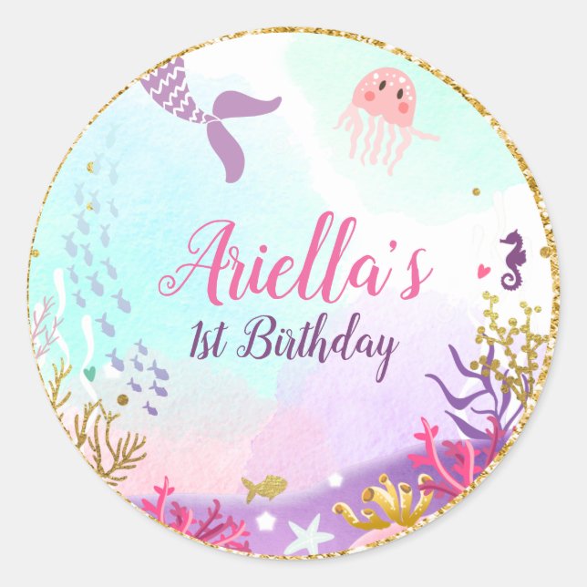 Adesivo Redondo Sob o Mar Vinheta de Sereia, Coluna rosa (Frente)