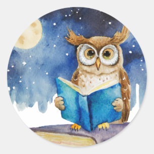 Adesivo Redondo Sober Owl Lendo Grande Recuperação de Livro