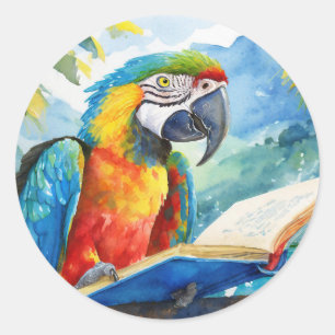 Adesivo Redondo Sober Parrot Lendo Grande Recuperação de Livro