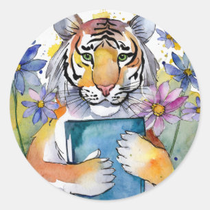Adesivo Redondo Sober Tiger Lendo Grande Recuperação de Livro